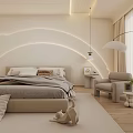 Minimalist Modern Bedroom Interior Design With Curved Lighting Bed White Wardrobe Sofa And Carpet