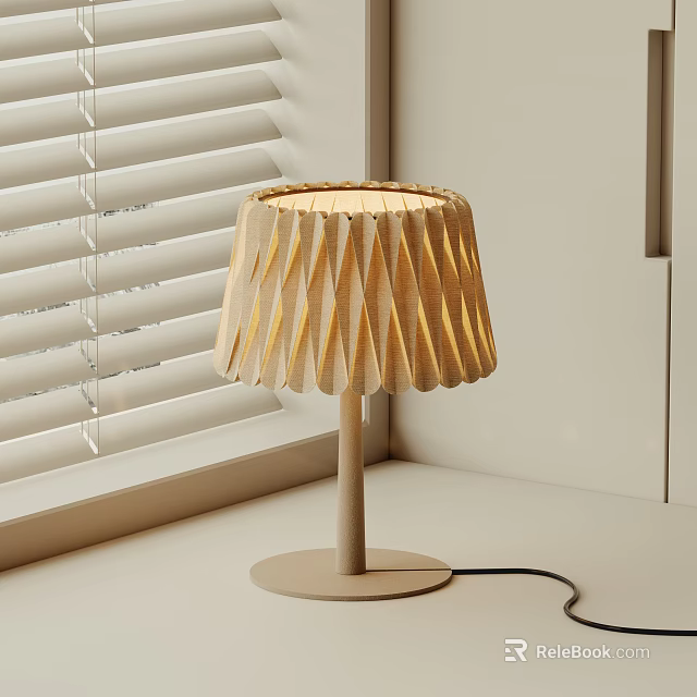 Wooden Table Lamp with Pleated Shade in Natural Light Near Window Blinds 3d model 
