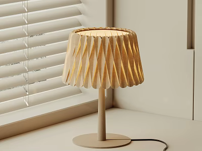 Wooden Table Lamp with Pleated Shade in Natural Light Near Window Blinds 3d model