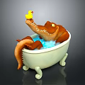 Cute Cartoon Crocodile Taking a Bath in White Bathtub With Yellow Rubber Duck