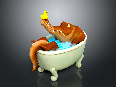 Cute Cartoon Crocodile Taking a Bath in White Bathtub With Yellow Rubber Duck 3d model