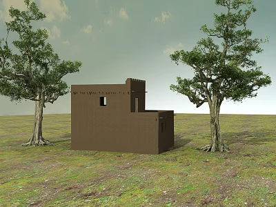 Small Brown House With Two Large Trees Standing on Green Grassland 3d model