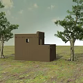 Small Brown House With Two Large Trees Standing on Green Grassland