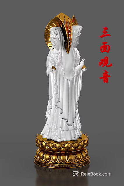 Exquisite Guanyin Sculpture Carving With White Stone Body And Golden Details 3d model 