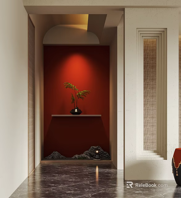 Stylish Entryway Hallway Interior Design With Red Wall Green Plant On Shelf And Decorative Stones 3d model 