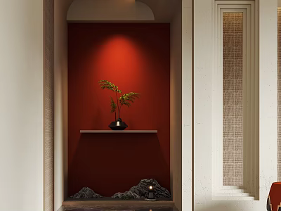 Stylish Entryway Hallway Interior Design With Red Wall Green Plant On Shelf And Decorative Stones 3d model