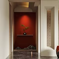 Stylish Entryway Hallway Interior Design With Red Wall Green Plant On Shelf And Decorative Stones