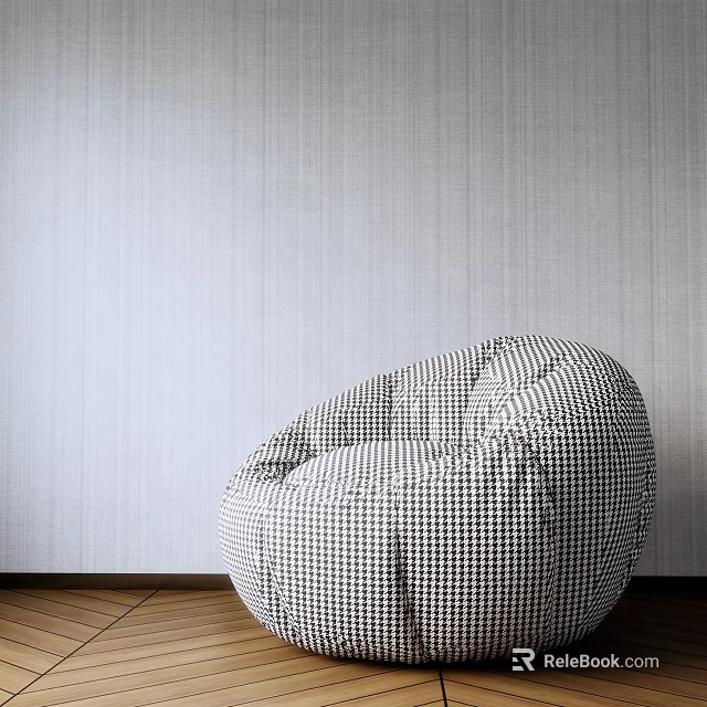 Black and White Checkered Bean Bag Chair Against Light Striped Wall And Wooden Floor 3d model 