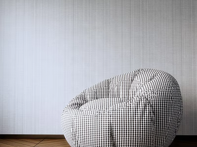 Black and White Checkered Bean Bag Chair Against Light Striped Wall And Wooden Floor 3d model