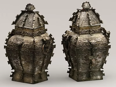 Ancient Chinese Bronze Sculptures with Elaborate Carved Patterns and Decorative Handles 3d model
