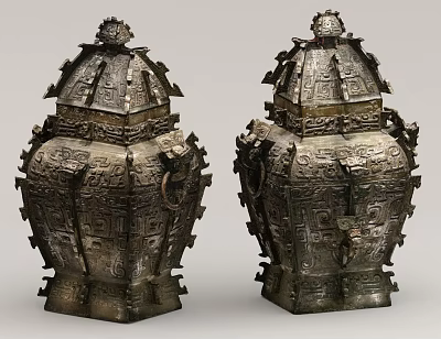 Ancient Chinese Bronze Sculptures with Elaborate Carved Patterns and Decorative Handles 3d model