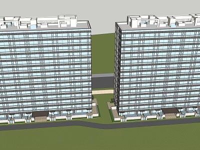Modern Twin High Rise Residential Buildings With Large Windows And Green Lawns 3d model