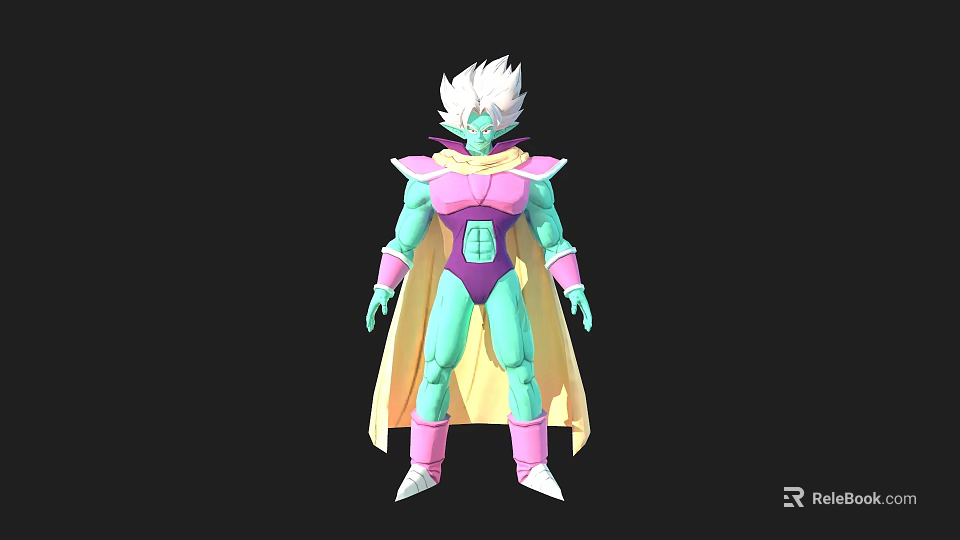 Game And Movie Character With White Hair Teal Skin Pink Purple Outfit And Yellow Cape 3d model 