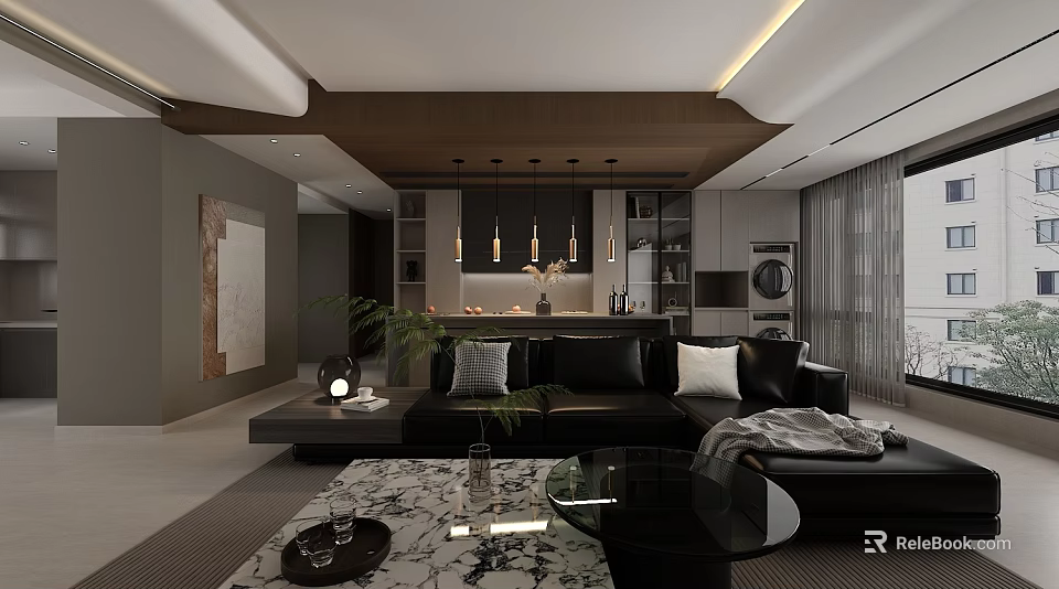 Modern Living Dining Room Interior With Black Leather Sofa Glass Coffee Table And Pendant Lights 3d model 