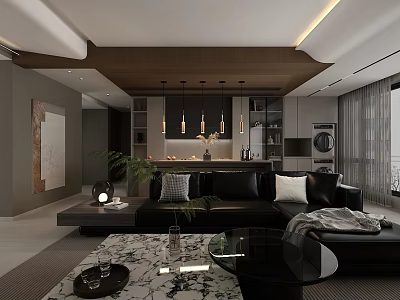 Modern Living Dining Room Interior With Black Leather Sofa Glass Coffee Table And Pendant Lights 3d model