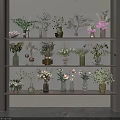 Elegant Shelf Display With Various Vases And Colorful Flowers Against Gray Striped Wall