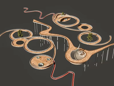 Modern Circular Architectural Design With Wooden Walkways And Small Trees 3d model