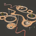 Modern Circular Architectural Design With Wooden Walkways And Small Trees 3d model