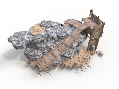 Rugged Rocky Terrain With Wooden Bridge And Elevated Watchtower Structure 3d model