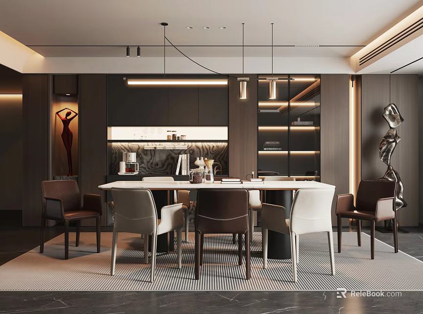 Modern Restaurant Interior With Round Dining Table Stylish Chairs And Lighting 3d model