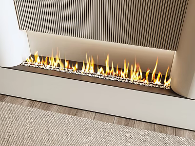 Modern Fireplace Interior Design With Burning Flames Striped Wall And White Base 3d model