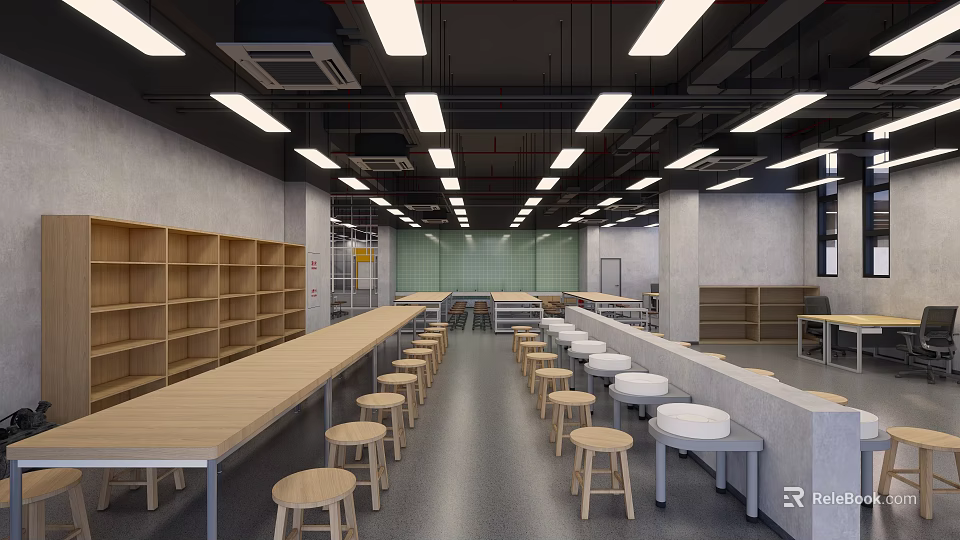 School Modern Study Area With Wooden Bookshelves Long Tables And Wooden Stools 3d model 