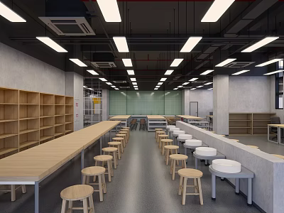 School Modern Study Area With Wooden Bookshelves Long Tables And Wooden Stools 3d model