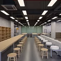 School Modern Study Area With Wooden Bookshelves Long Tables And Wooden Stools