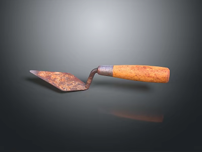 Rusty Trowel With Metal Blade And Wooden Handle On Dark Background With Reflection 3d model