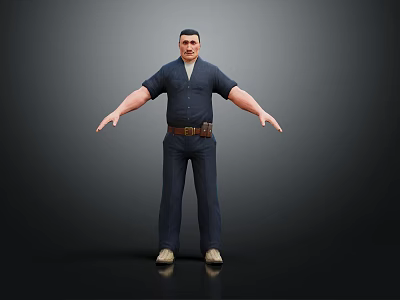 Man in Dark Blue Outfit With Brown Belt And Arms Outstretched Against Dark Background 3d model