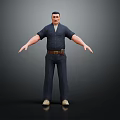 Man in Dark Blue Outfit With Brown Belt And Arms Outstretched Against Dark Background