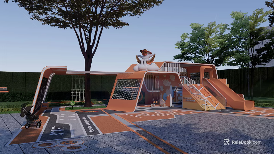 Outdoor Garden Landscape Featuring Orange Play Structures Slides Trees And Ground Patterns 3d model