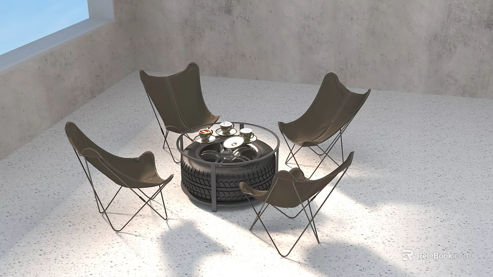 Four Brown Chairs Around Tire Repurposed Round Table In Indoor Setting 3d model