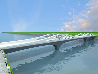 Modern White Bridge With Arched Design Over Water Under Blue Sky And Green Grass 3d model