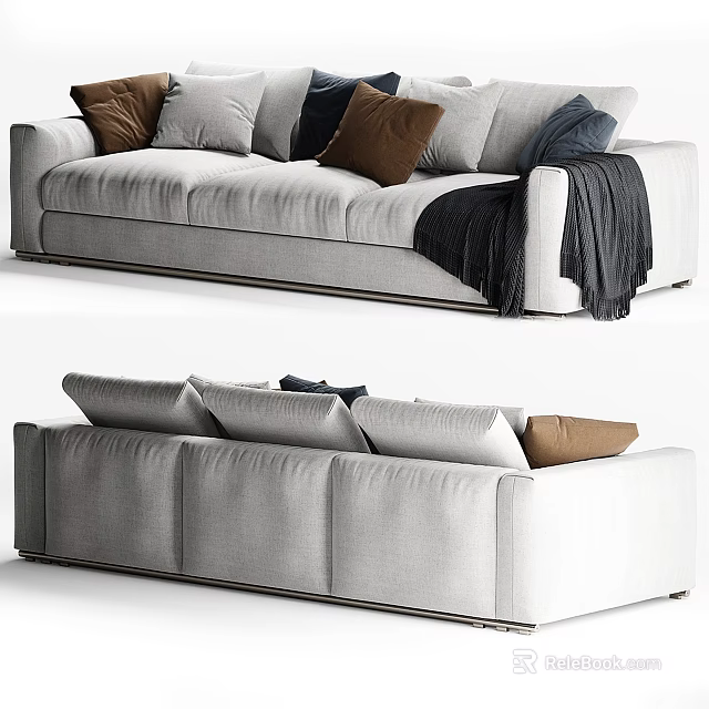 Modern Light Gray Three Seater Sofa with Colored Cushions and Throw Blanket 3d model