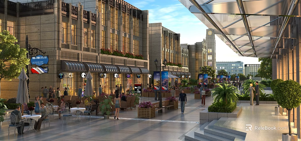 Vibrant Commercial Street With Modern Buildings Storefronts Pedestrians And Outdoor Greenery 3d model 