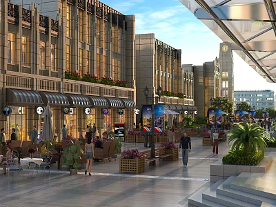 Vibrant Commercial Street With Modern Buildings Storefronts Pedestrians And Outdoor Greenery 3d model