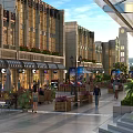 Vibrant Commercial Street With Modern Buildings Storefronts Pedestrians And Outdoor Greenery