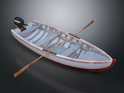 Wooden Boat With Oars Motor White Red Hull And Wooden Seats Interior Design 3d model