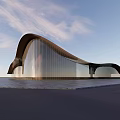 Modern Architectural Building With Curved Roof Large Glass Curtain Walls And Open Plaza
