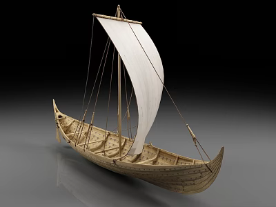 Ancient Wooden Boat With White Sail Wooden Mast And Traditional Hull Structure 3d model