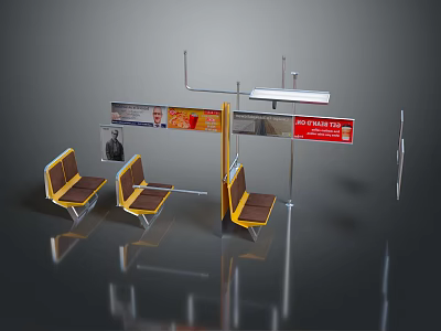 Yellow And Brown Leisure Chairs With Metal Frame At Bus Stop Station Hall Billboard 3d model