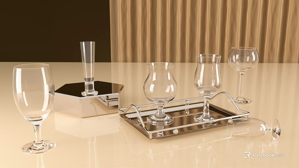Elegant Transparent Glass Drinking Cups On Metal Tray For Home Bar Decor 3d model 