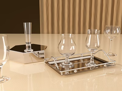 Elegant Transparent Glass Drinking Cups On Metal Tray For Home Bar Decor 3d model