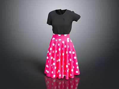 Black Short Sleeve T Shirt And Pink Polka Dot Pleated Skirt Outfit 3d model