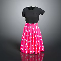 Black Short Sleeve T Shirt And Pink Polka Dot Pleated Skirt Outfit