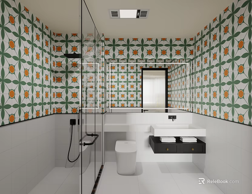Vibrant Patterned Tiles Bathroom Interior With Glass Shower Double Vanity And Mirror 3d model 