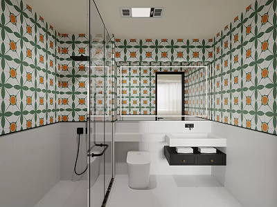 Vibrant Patterned Tiles Bathroom Interior With Glass Shower Double Vanity And Mirror 3d model