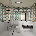 Vibrant Patterned Tiles Bathroom Interior With Glass Shower Double Vanity And Mirror
