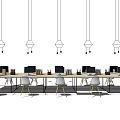 Modern Long Office Desk Workspace With Computers Chairs And Pendant Lights 3d model